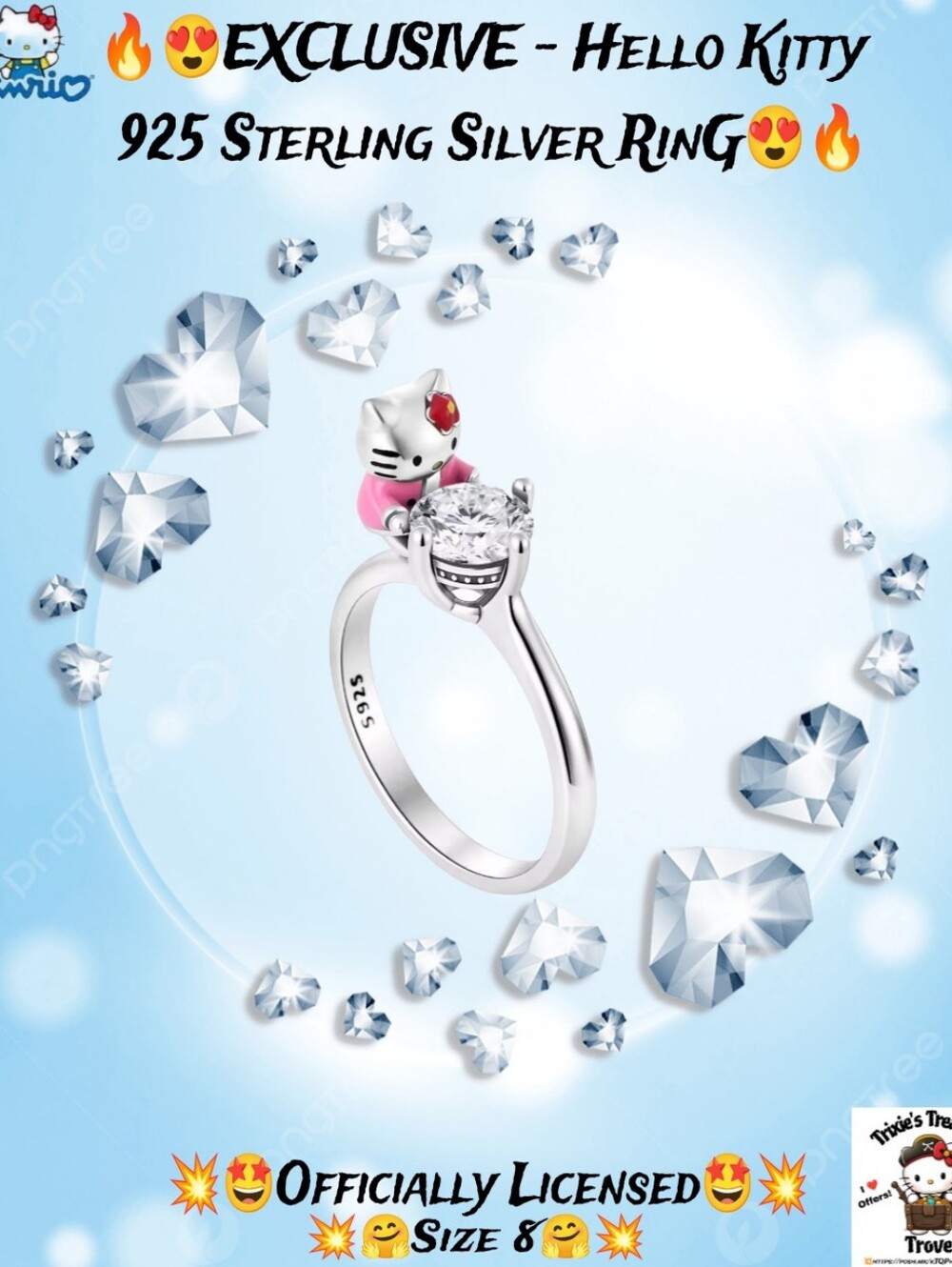 EXCLUSIVE - Hello Kitty Officially Licensed 925 Sterling Silver & CZ Ring (Sz 8)